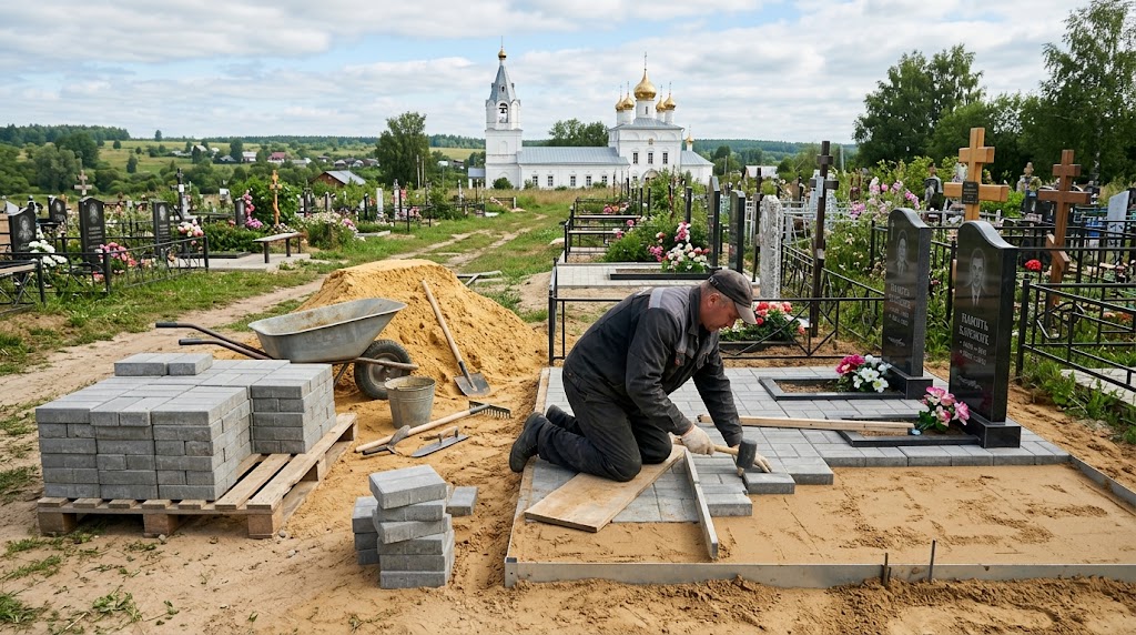 Мощение участка могилы тротуарной плиткой