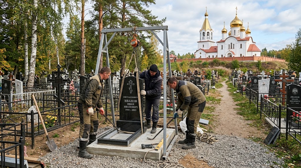 Предоставляем услугу по установке заказанного у нас памятника на могиле на кладбище в Новосибирске. Работаем на всех кладбищах Новосибирска и области